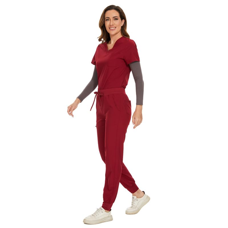 COZYFIT Scrubs for Women Set - Stretch V-Neck Scrub Top & Jogger Pant with 8 Pockets, Yoga Waistband, Anti Wrinkle, Slim Fit Women Scrubs