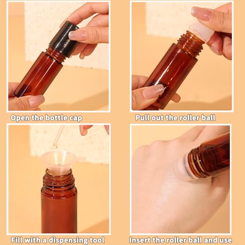 2 Pack Large Amber Glass Roller Bottles with Funnel - 30ml