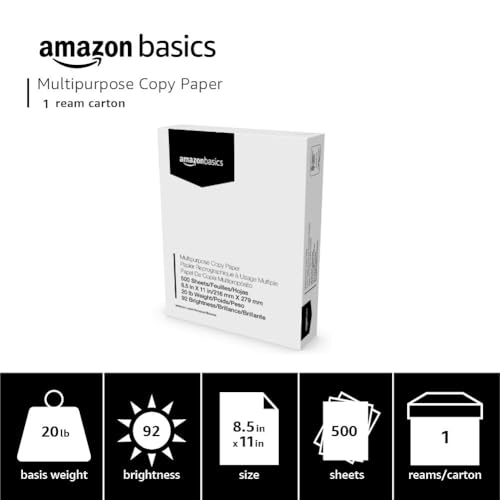 Amazon Basics 1 Ream (500 Sheets) Multipurpose Copy Printer Paper 8.5x11 White