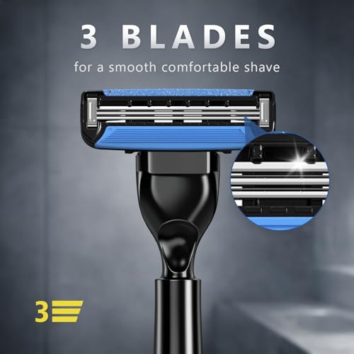Men's Razor Blade Refills, 8 Count, 3-Layer Ceramic Coated Blades with Lubricating Strip, Matching Handle, Wall Hook & Cleaning Brush Included for Smooth Shaving