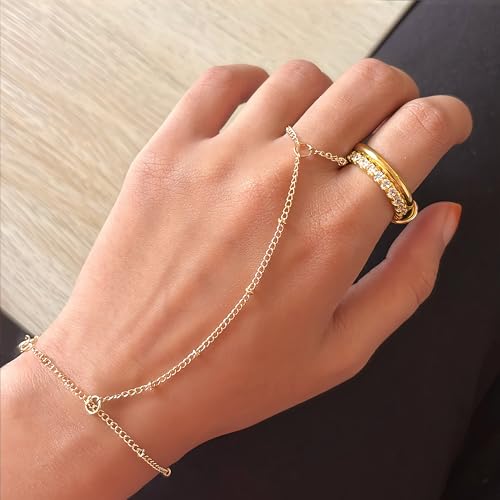 3Pcs 14K Gold-Plated Hand Chain Bracelets for Women