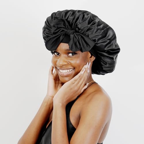 BONNET QUEEN Silk Bonnet for Sleeping Women Satin Bonnet Hair Bonnet night sleep cap scarf wrap for curly hair With Tie Band Black