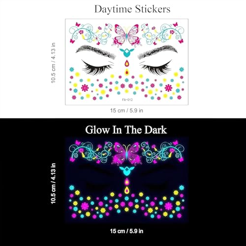 Glow in the Dark Face Tattoo Stickers - 8 Fluorescent Designs