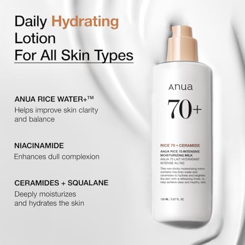ANUA Rice 70 Intensive Moisturizing Milk, Hydrating Face Lotion, Niacinamide, Ceramides, All Skin Types, Sensitive, Skin Moisture Barrier, Lightweight Nourishing, Korean Skincare, 5.07 fl.oz.