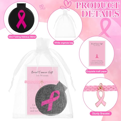 Geetery 72 Pcs Breast Cancer Awareness Gifts Set for Women Compact Folding Mirrors, Pink Ribbon Bracelets, Organza Bags for Breast Cancer Charity Event Survivor Campaign Party Accessories(Black Pink)