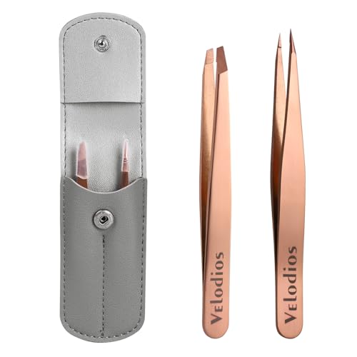 2-Pack Precision Tweezers for Eyebrows, Facial Hair, Ingrown Hair Removal, Professional Stainless Steel Eyebrow Tweezers for Women and Men, Tweezer Set with PU Travel Case