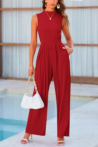 PRETTYGARDEN Womens Summer Jumpsuits Dressy Casual One Piece Outfits Sleeveless Mock Neck Wide Leg Pants Rompers with Pockets (Red,Small)