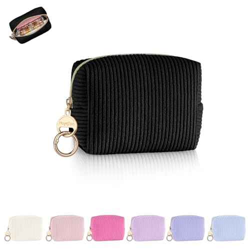 Corduroy Makeup Bag, Small Cosmetics Bag for Purse, Portable Travel Makeup Pouch with Ring Buckle & Inner Pockets for Women