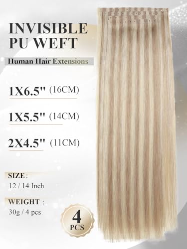 18-Inch Ash Blonde Highlight Human Hair Extensions - Glueless PU Weft