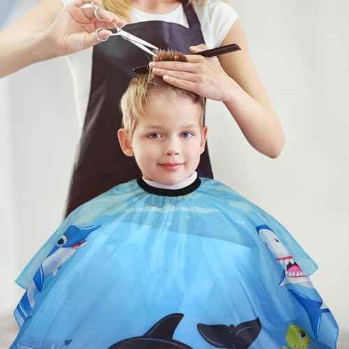 Kids Barber Cape with Neck Duster Brush, Professional Salon Hair Cutting Cape with Adjustable Snap Closure(Cartoon Sea Animals)