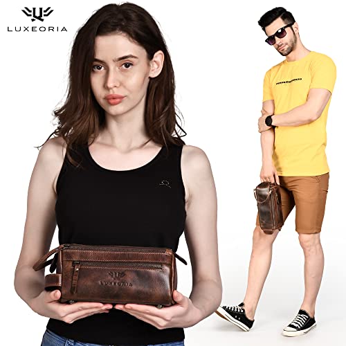 Premium Handmade Leather Toiletry Bags for Men and Women, Genuine Leather Dopp Kit and Shaving Bag for Men, Travel Cosmetic Bag for Women's and Men's, Zipper Pocket, Dark Brown