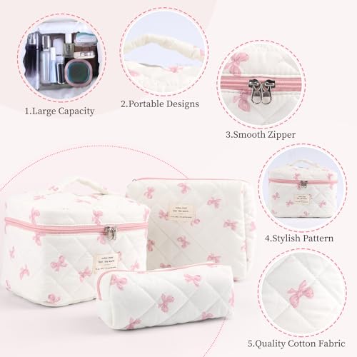 Quilted Floral Makeup Bag Set for Women - 3 Sizes, Travel Organizer