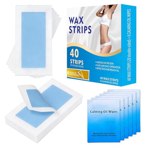 Wax Strips for Face, Waxing Strips, 40 Wax Strips for Hair Removal & 6 Calming Oil Wipes, Efficient Facial Wax Strips for Women Face, Lips, Body, Arms, Legs, Blue