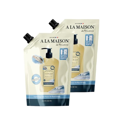 A LA MAISON French Liquid Hand Soap Eco-Friendly Refill Pouch, Fresh Sea Salt - Natural Hand Wash Made with Essential Oils - Biodegradable, Plant-Based, Vegan, Alcohol & Paraben Free (33.8 oz, 2 Pack)