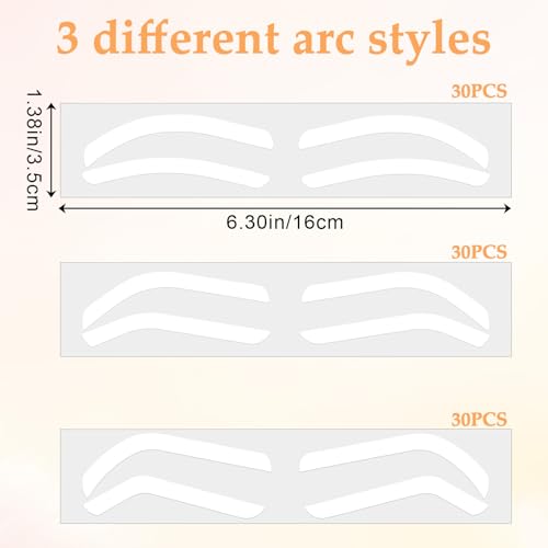 90 Pairs Eyebrow Stencils, 3 Shapes, Self-Adhesive Brow Template Kit