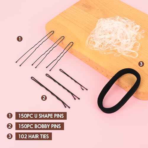 402pcs Bobby Pins U Hair Pins Set, 150pcs Wavy Bobby Pins 150pcs Hair Pins and 102pcs Hair Bands, U Pins for Hair Buns Women and Girls All Hair Types 2inch 2.4inch 2.75inch, Black