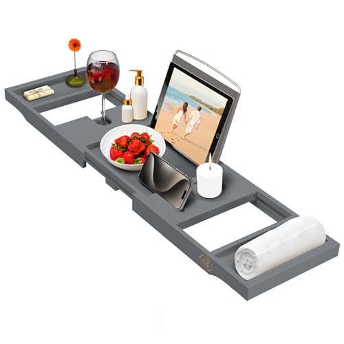 Bamboo Bathtub Caddy Tray - Expandable Bath Tub Organizer