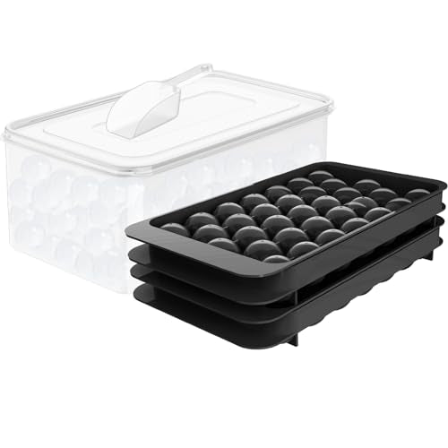 WIBIMEN Ice Cube Tray with Lid & Bin, 0.8inx66 Ice Ball Maker Mold for Freezer with Container Ice Trays Making Sphere Ice Chilling Cocktail Tea Coffee (2 Black Trays 1 Ice Bucket & Scoop)