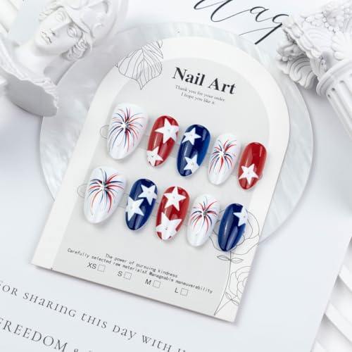 4th of July Press on Nails - Patriotic Almond Design, 30 Pcs