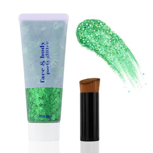 Green Body Glitter Gel, St Patricks Day Hair Face Glitter for Kids & Women, Chunky Mermaid Sequins, Easy Apply & Quick Drying, Face Sparkles Fairy Makeup, Singer Concert Festival & Rave Accessories