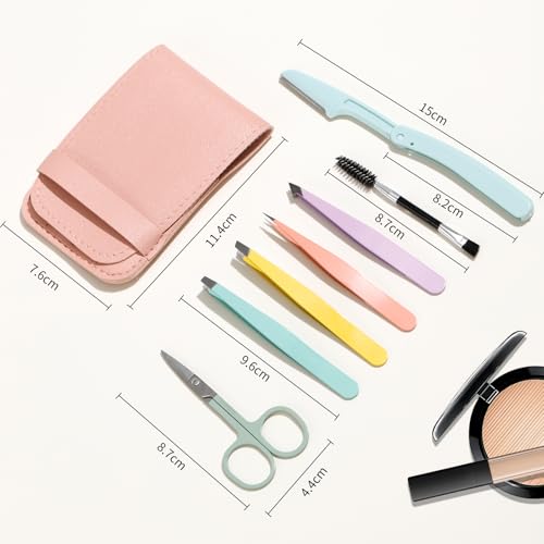 MSQ 7pcs Eyebrow Tweezers Kit with Travel Bag for Women 4Pcs Professional Stainless Steel Tweezers and Brow Scissors & Razor & Spoolie for Facial, Chin, Eyebrow, Splinter and Ingrown Hair