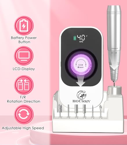 HOUSMV Cordless Nail Drill - 40000RPM Electric E-File for Gel & Acrylic Nails