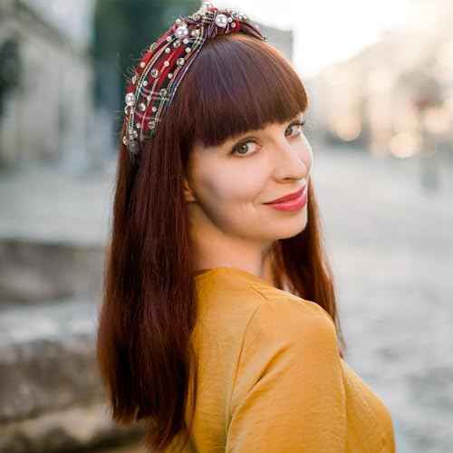 WantGor Pearl Knotted Headband, Women Rhinestone Embellished Hairband Elegant Wide Top Knot Bride Headbands Headpieces Party Fashion Elegant Ladies Hair Band Hair Hoop Accessories (Red Plaid)