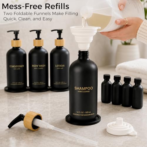 Black Glass Shampoo and Conditioner Dispenser Set - 4 Pack with Travel Bottles