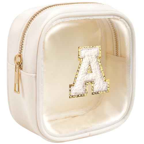 KOTORA Initial Make Up Bag Travel Toiletry Bag, Clear Makeup Bag Preppy Cosmetic Bags Organizer Easter Basket Essentials Pink Gifts for Women Girlfriend Teacher Mom Brithday Small Makeup Bag Beige A