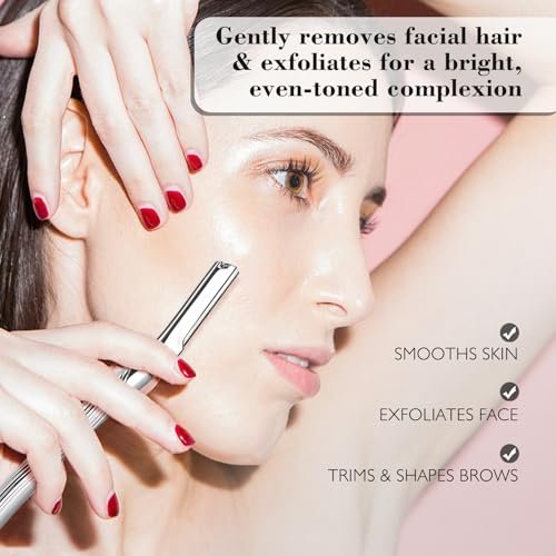 Eyebrow Razor, Face Razors for Women and Men, Reusable Metal Handle with 6 Refill Blades, Eyebrow Trimmer with Precision Cover, Dermaplane Razor, Skin Care Tool - Shiny Silver