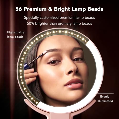 LitBear Pink Travel Makeup Mirror with Lights, 10X/1X Magnification, Dimmable Touch Screen, Portable & Rechargeable