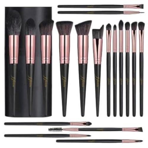 18 Pcs Premium Synthetic Foundation Powder Brush Set - Black Case - Nylon Bristles - Aluminum Ferrule & Handle - For Foundation, Powder, Concealing, Blush, Eyeshadow, Contouring
