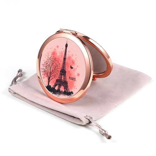 Dynippy Compact Mirror Rose Gold Makeup Mirror Folding Mini Pocket Mirror Portable Hand Mirror Double-Sided 2 x 1x Magnification for Woman Girls - Paris Eiffel Tower