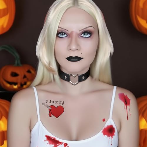 Go Ho Horror Bride Body Paint Makeup Set with Black Lipstick, Adjustable PU Leather Choker, Fake Blood Spray, 3PC Bloody Love Stickers - Halloween Costumes Gothic Bride Punk Accessories Kit