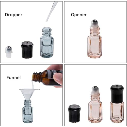 BENECREAT 14 Packs 3ml Multi-color Travel Essential Oil Roller Bottle Mini Glass Cosmetic Vials with Opener, Dropper and Funnel for Essential Oils Perfumes Aromatherapy