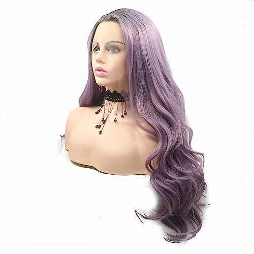 24" Ombre Purple Wigs Long Wavy Synthetic Lace Front Wigs for Women Dark Root to Violet Purple 2 Tones Middle Part Natural Looking Synthetic Heat Resistant Fiber Wig for Daily Party Use
