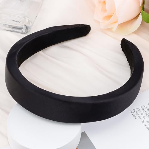 Atoden Black Satin Padded Thick Plain Headbands Hair Accessories for Women Girls