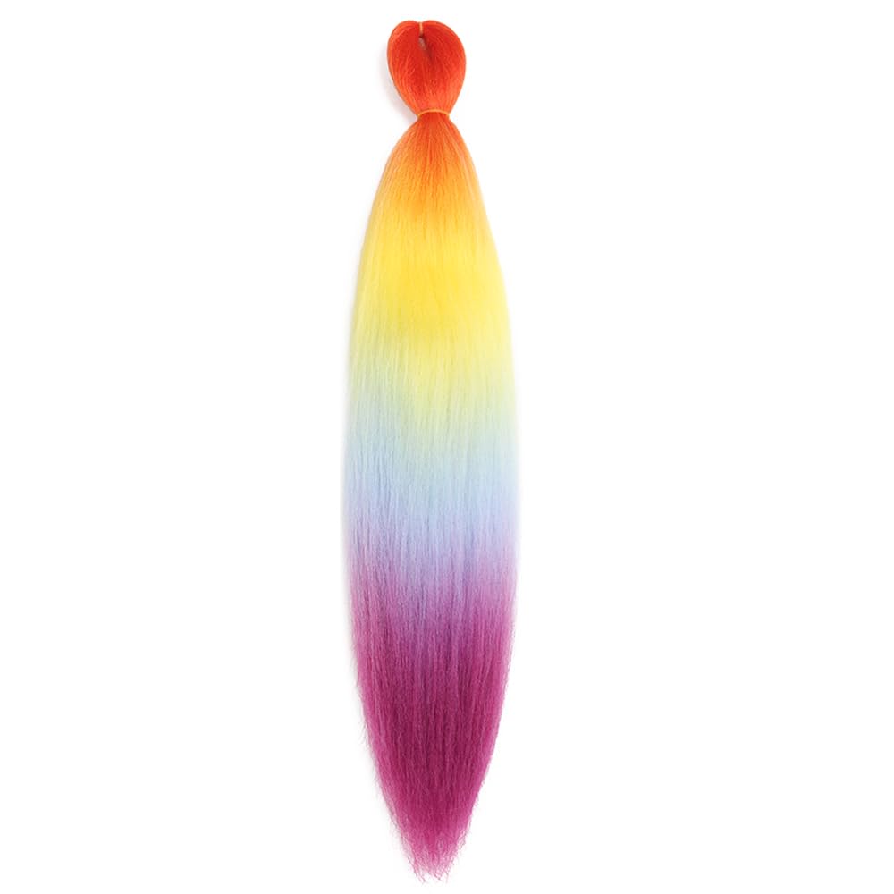 Pre Stretched Braiding Hair 26 Inch Ombre Red Kanekalon Braiding Hair Extensions Hot Water Setting Crochet Box Braids Hair (26 Inch (Pack of 1), Orange-Yellow-Light Blue-Purple)