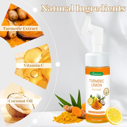 2 Pack Turmeric Lemon Face Wash with Brush, Vitamin C Foaming Facial Cleanser, Turmeric Soap Lemon Soap Deep Clean with Coconut Oil, Foaming Facial Cleanser for All Skin, 150g/5.07 FL Oz x2