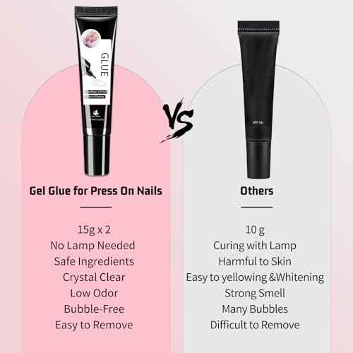 2Pcs Semi Solid Nail Glue for Press On Nail, No Need for UV Lamp Super Strong Nail Glue Quick Drying Gel Long Lasting for Fake Acrylic Nails(15g x 2)