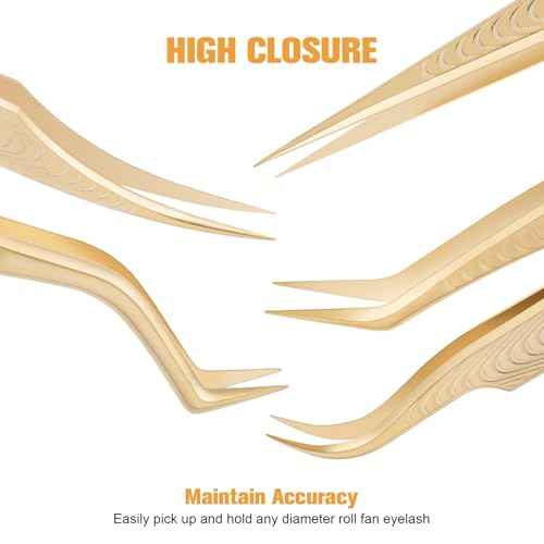 Lash Tweezers for Eyelash Extension, Professional Lash Extension Tweezer Set, High Precision Eyelash Tweezers for Volume Eyelash Extensions (Gold, 5PCS Set)