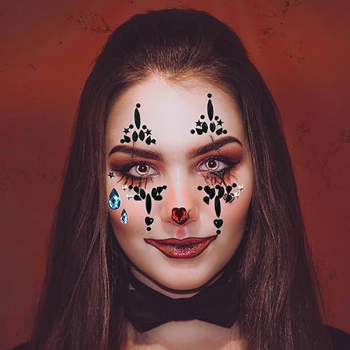 Halloween Clown Face Gems Jewels, Day of the Dead Rhinestone Face Jewels Temporary Skull Tattoos for Women Halloween Makeup Costume