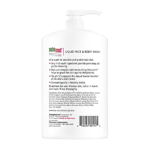 SEBAMED Liquid Face and Body Wash For Sensitive Skin pH 5.5 Mild Gentle Hydrating Cleanser Hypoallergenic Dermatologist Recommended 33.8 Fluid Ounces (1 Liter) For Healthier Smoother Skin