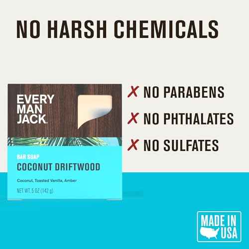 Every Man Jack Cold Processed Mens Bar Soap - Coconut + Driftwood Scent - Deeply Cleans & Hydrates with Shea Butter and Coconut Oil - (3 Pack)
