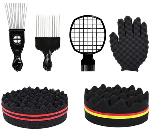 Hair Sponge Set, Magic Hair Twist Curl Sponge Glove, Afro Hair Sponge Barber Brush, Metal Hair Pick Comb and Hair Twist Curl Comb for Barber Hair Styling (Black-6Pcs)