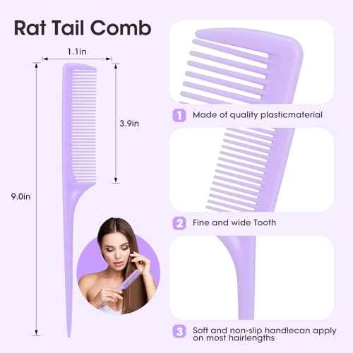 Rat Tail Comb Set-3Pcs Rat Tail Hair Teasing Fine Tooth Combs for Women Girls, Parting &Hair Styling Tools(Black Pink Purple)