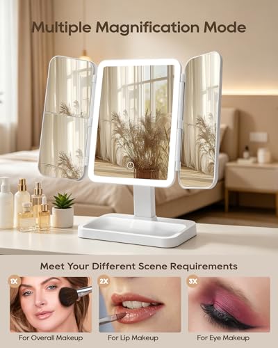 Trifold Vanity Mirror with Lights, 2X/3X Magnification & Storage