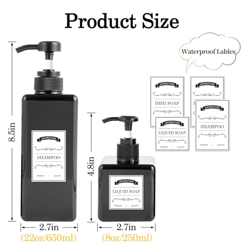 12 Pack Shampoo and Conditioner Dispenser Bottles, 8 Pack 22 Oz and 4 Pack 8 Oz Refillable Square Plastic Pump Bottles for Dispensing Lotions, Shampoo, Conditioner, Body Wash (Black)
