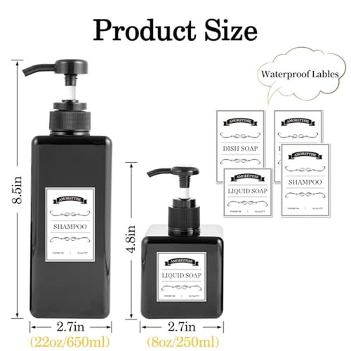 12 Pack Shampoo and Conditioner Dispenser Bottles, 8 Pack 22 Oz and 4 Pack 8 Oz Refillable Square Plastic Pump Bottles for Dispensing Lotions, Shampoo, Conditioner, Body Wash (Black)