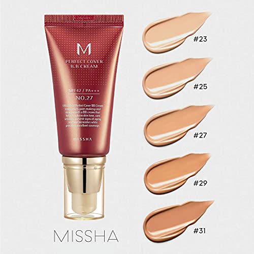 MISSHA M PERFECT COVER BB CREAM #27 SPF 42 PA+++ 50ml-Lightweight, Multi-Function, High Coverage Makeup to help infuse moisture for firmer-looking skin with reduction in appearance of fine lines